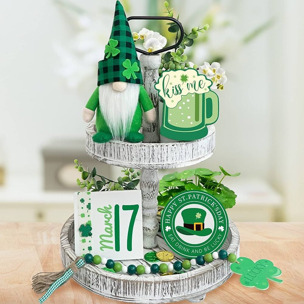 St Patricks Day Decorations, St Patricks Day Gnome Tiered Tray Decor, Shamrock Gnomes Plush,Irish Wo | Amazon (US)