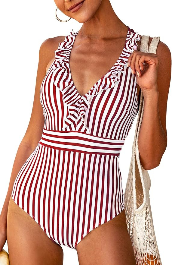 CUPSHE Women's V Neck One Piece Swimsuit Ruffled Back Cross Swimwear | Amazon (US)