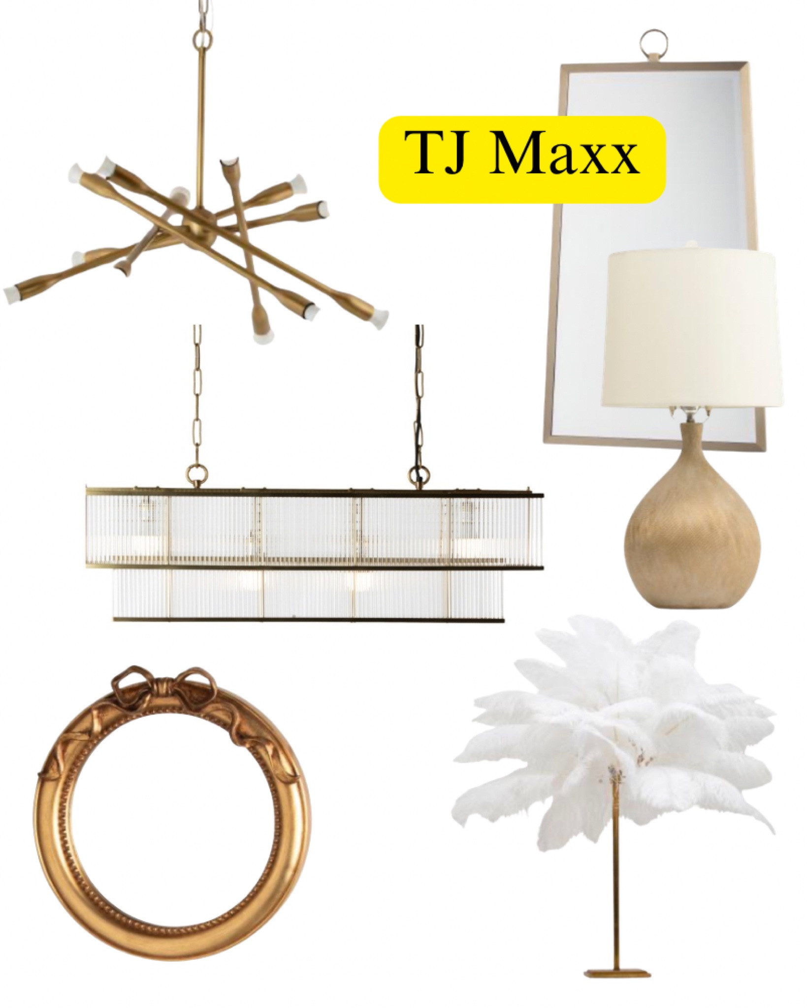 Designer home accessories on sale at TJ Maxx, lighting, chandelier, table, lamp, feather lamp, gold mirror, French, modern, coastal, gold.

#LTKHome #LTKSaleAlert