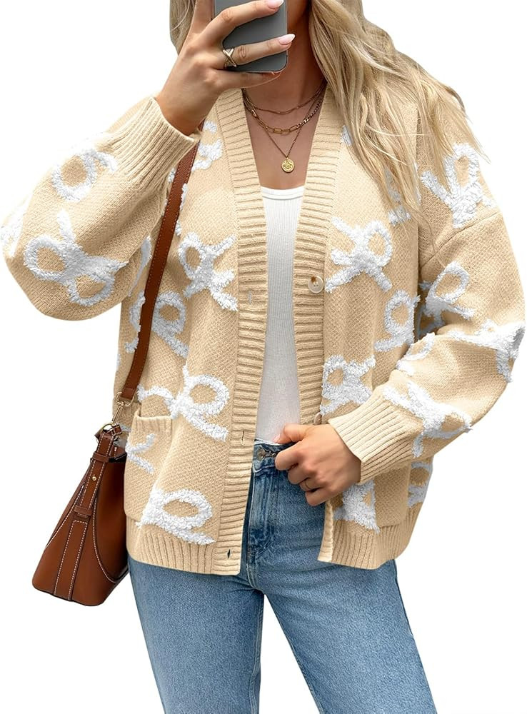 Saodimallsu Womens Bow Cardigan Sweaters Button Up Chunky Knit Loose Fit Fall Winter Sweater Coat... | Amazon (US)