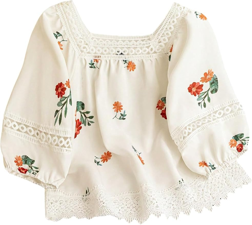 SweatyRocks Women's Boho 3/4 Sleeve Shirts Floral Print Square Neck Lace Asymmetrical Hem Dressy ... | Amazon (US)