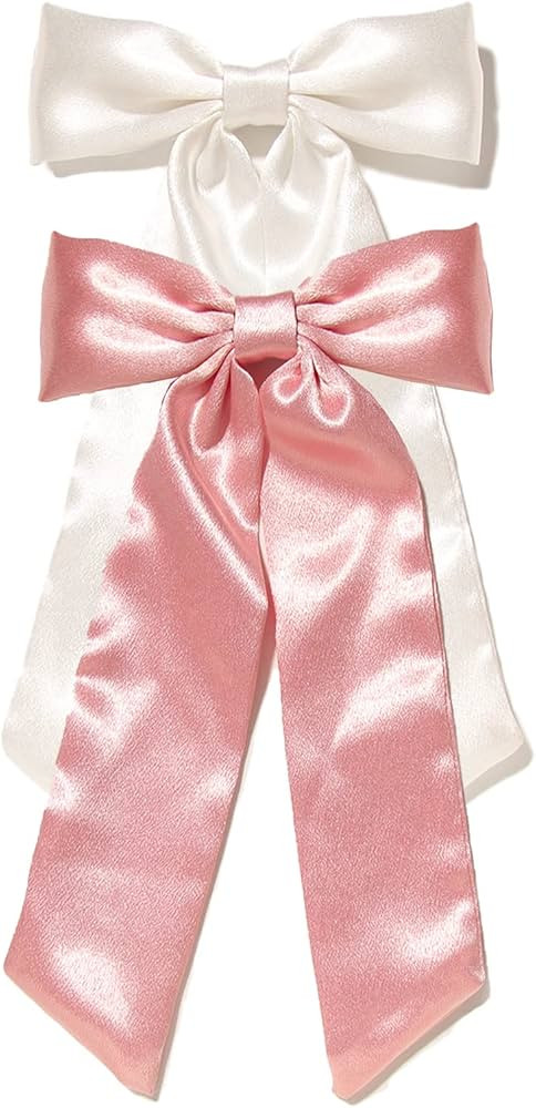 Furling Pompoms Ribbon Bowknot Barrettes with Long Tail for Women and Girls - 2pcs Satin Big Bows... | Amazon (US)
