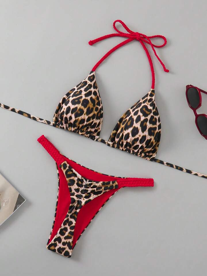 SHEIN Swim SXY 2025 New Women 2pcs/Set Leopard & Red Color Bikini Swimsuit Set Summer | SHEIN
