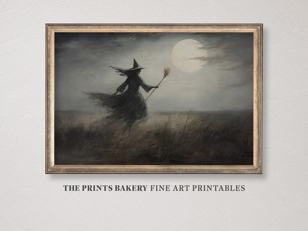 PRINTABLE Halloween Vintage Wall Art Witch in Moonlight - Etsy | Etsy (US)