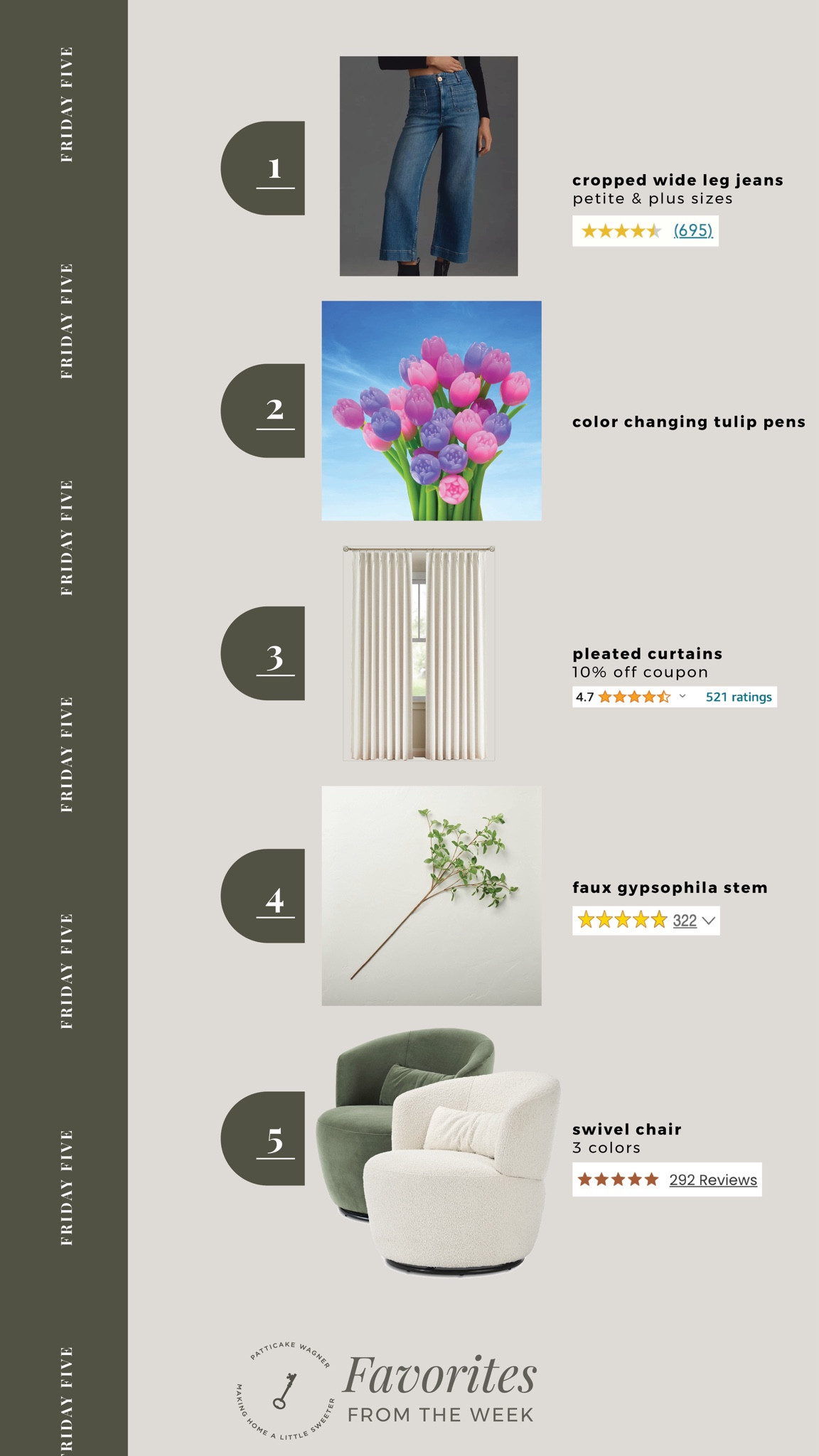 Friday Five: Your favorites from the week. *Anthropologie wide leg jeans (petite & plus sizes), color changing tulip pens, pleated curtains, faux stems, swivel chairs 

#LTKstyletip #LTKhome #LTKsalealert