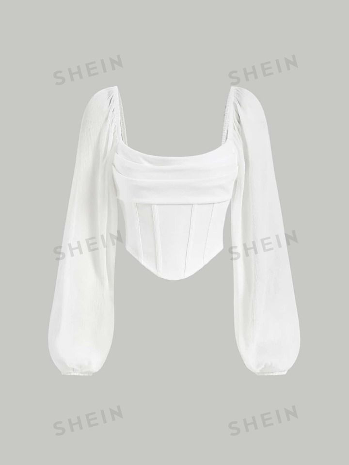SHEIN MOD Lantern Sleeve Ruched Scoop Neck Asymmetrical Hem Crop White Long Sleeves Top | SHEIN