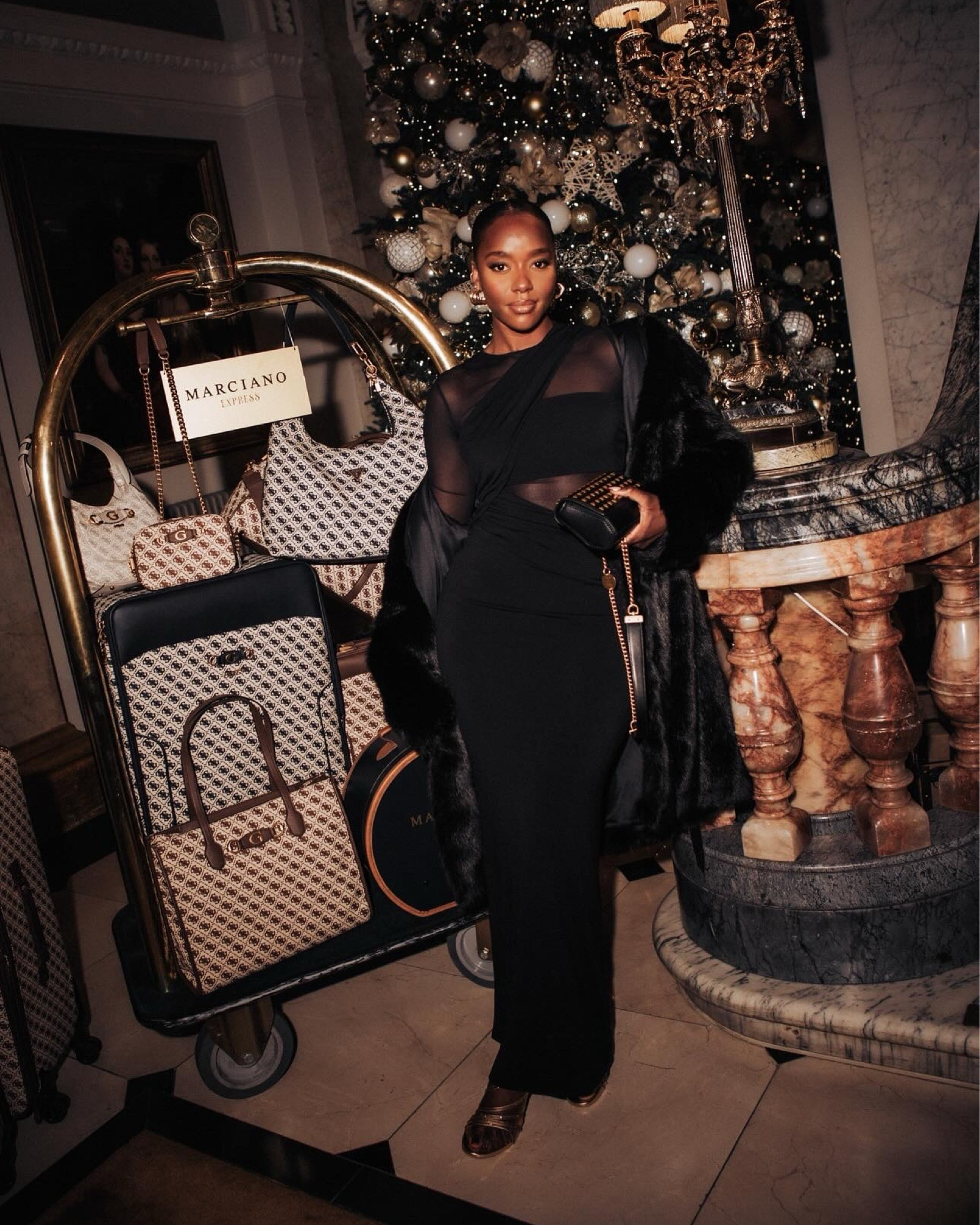 slim fit dress slacks Moya Black & Gold Bodycon Midi Dress With Corsage Detail – Club L London