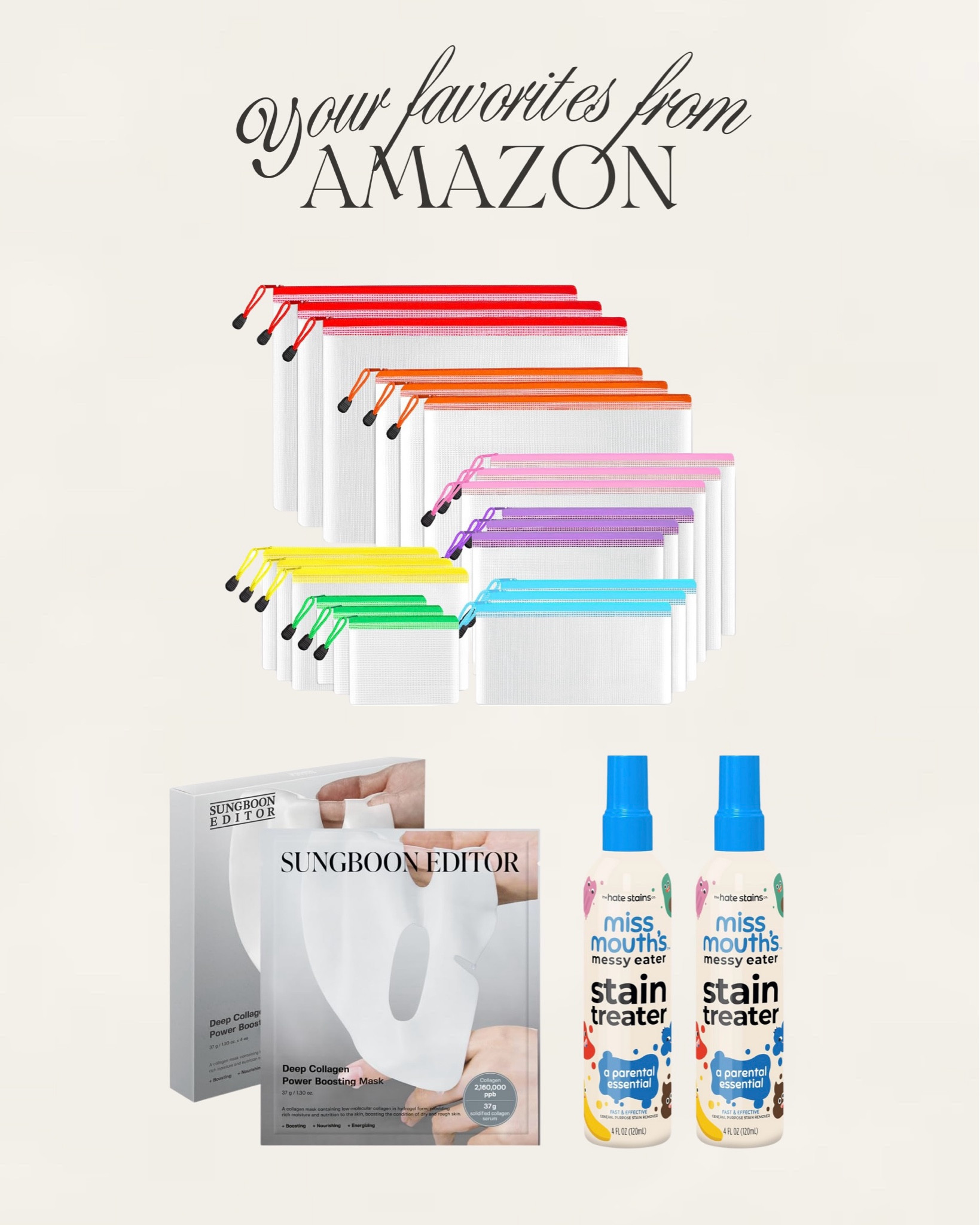 Amazon faves: zip pouches for kids toys, pack of 4 face masks super hydrating, spray for stains so good for kids food stains!! 

#LTKKids #LTKBeauty