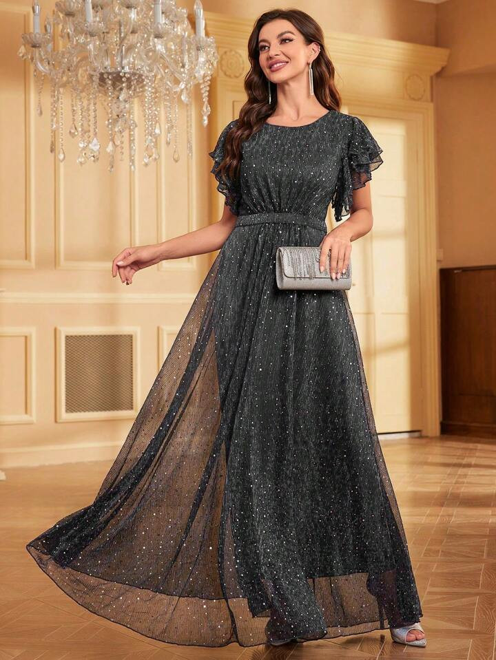 SHEIN Belle Women's Elegant Round Neck Ruffle Sleeve Waist-cinched Formal Dress | SHEIN
