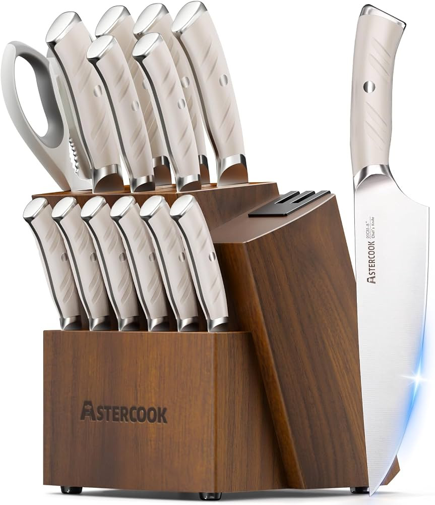 Astercook Knife Set Kitchen with Block and Dual Sharpener Full Tang 15 Pcs German Stainless Steel... | Amazon (US)