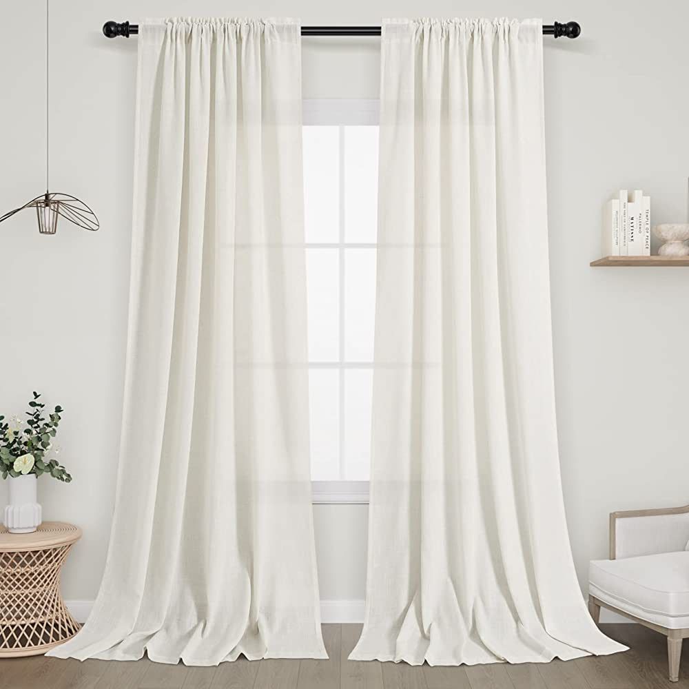 Natural Linen Curtains 84 Inch Length 2 Panels Rod Pocket Semi Sheer Boho Bedroom Curtain Privacy... | Amazon (US)