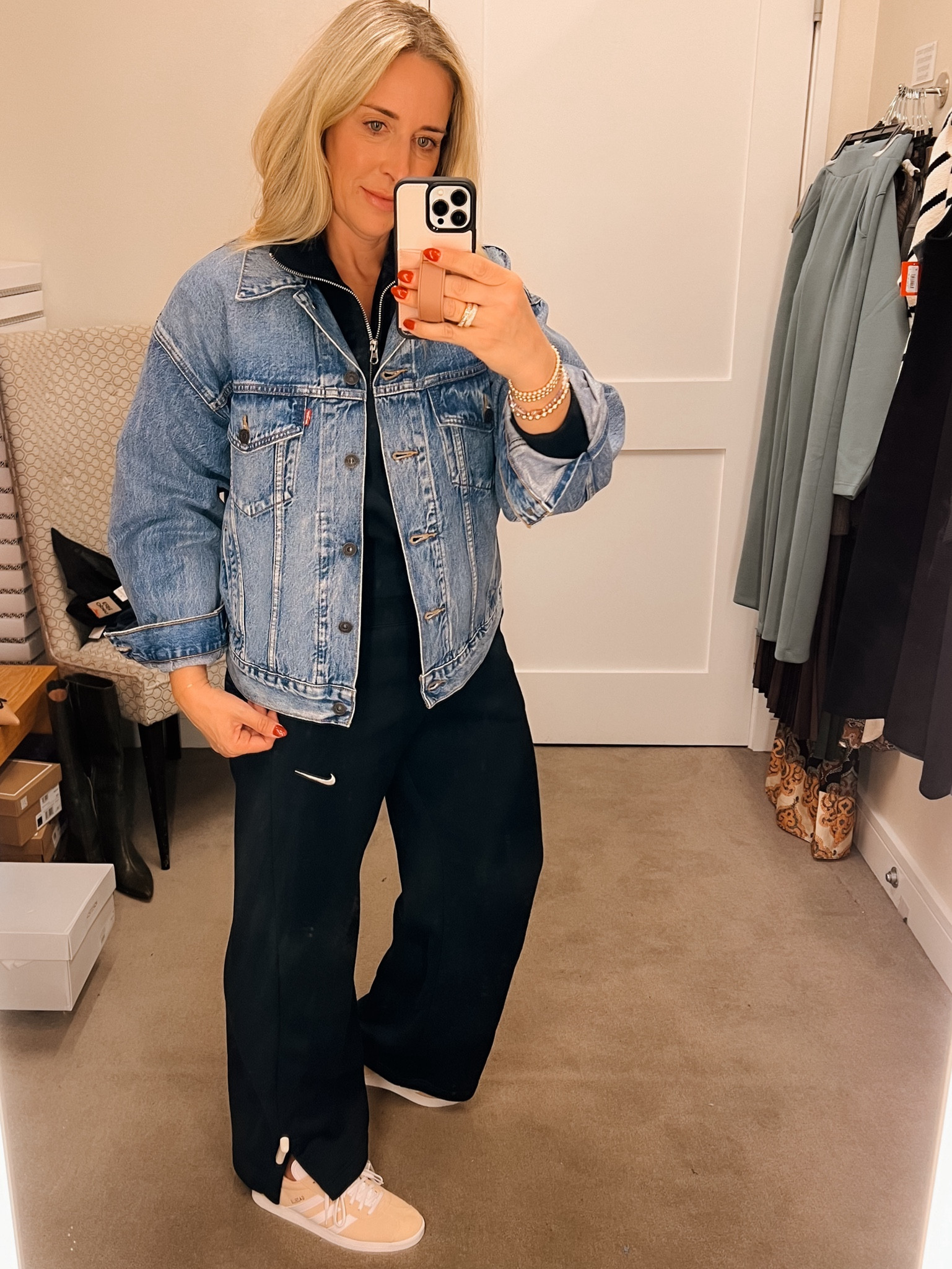 Sweatsuit style on Nordstrom Anniversary sale. Nike Phoenix sweat pants and cropped sweatshirt (wearing true size medium in both). 

Levi’s 90’s denim jacket - wearing a medium. 

Adidas Gazelle shoes 

Fall styles
Athleisure
Nike
NSale


#LTKFitness #LTKSummerSales #LTKxNSale