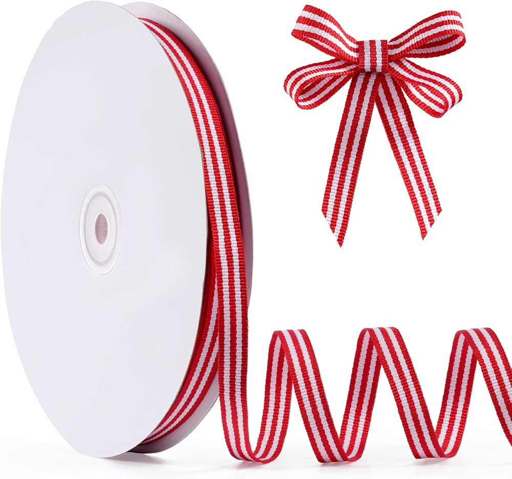 Red and White Striped Grosgrain Ribbon, 3/8" x 50 yds, Double Sided Wired Patriotic Ribbon for Am... | Amazon (US)
