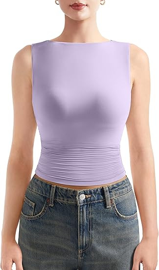 SUUKSESS Women Double Lined Going Out Basic Tank Tops Ruched Summer T Shirts | Amazon (US)