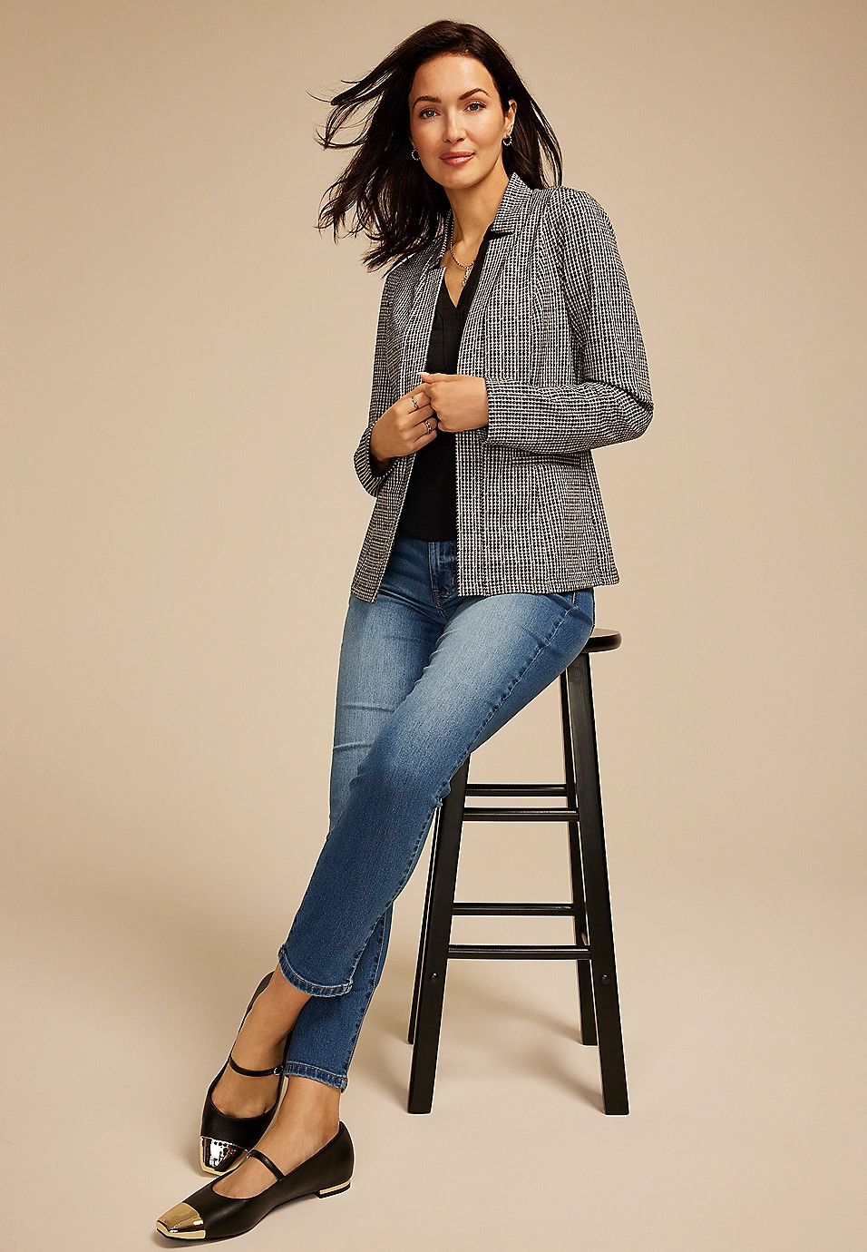 Houndstooth Plaid Ponte Knit Blazer | Maurices