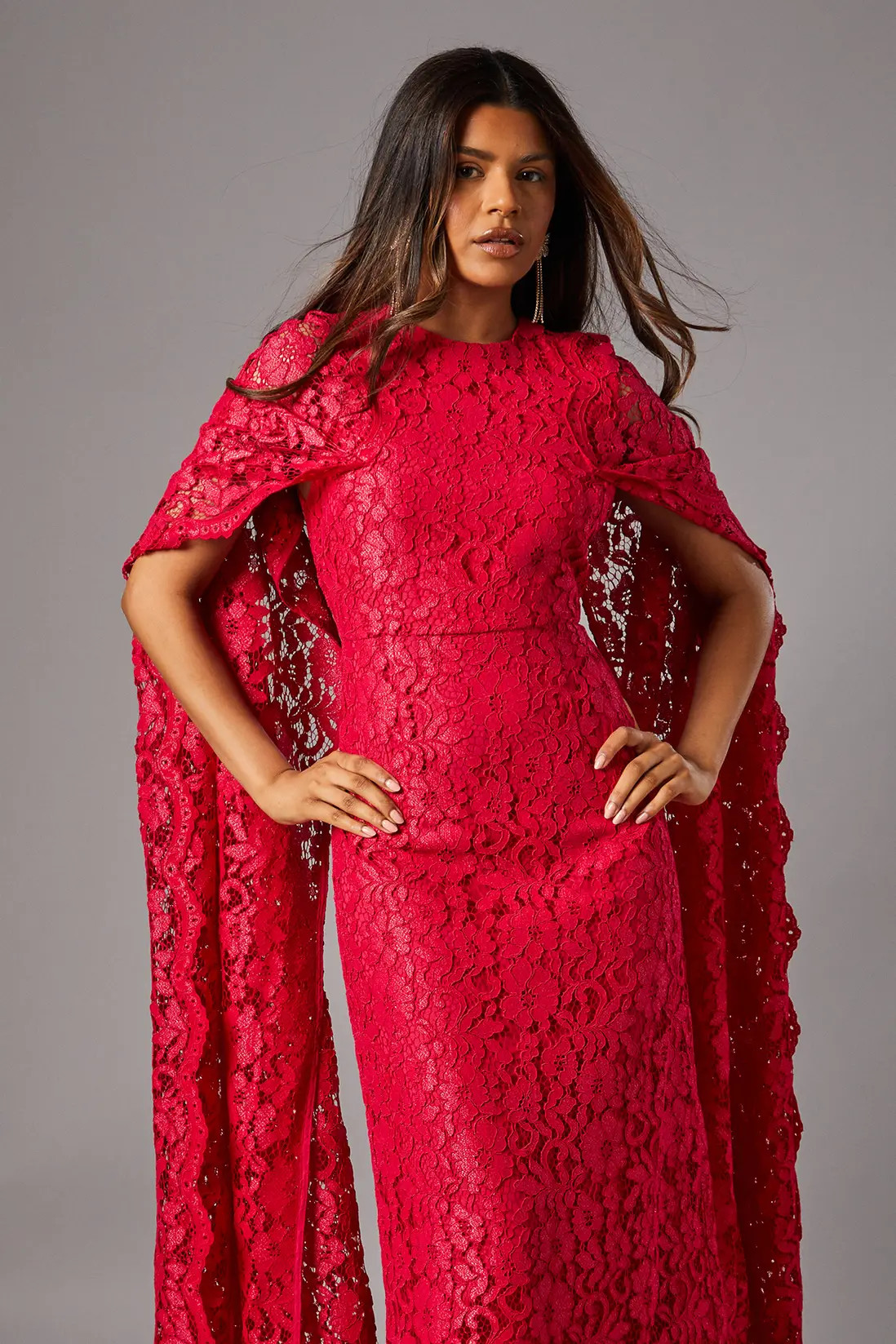 Raspberry Coast Petite Lace Cape Gown | Boohoo | Boohoo.com (UK & IE)