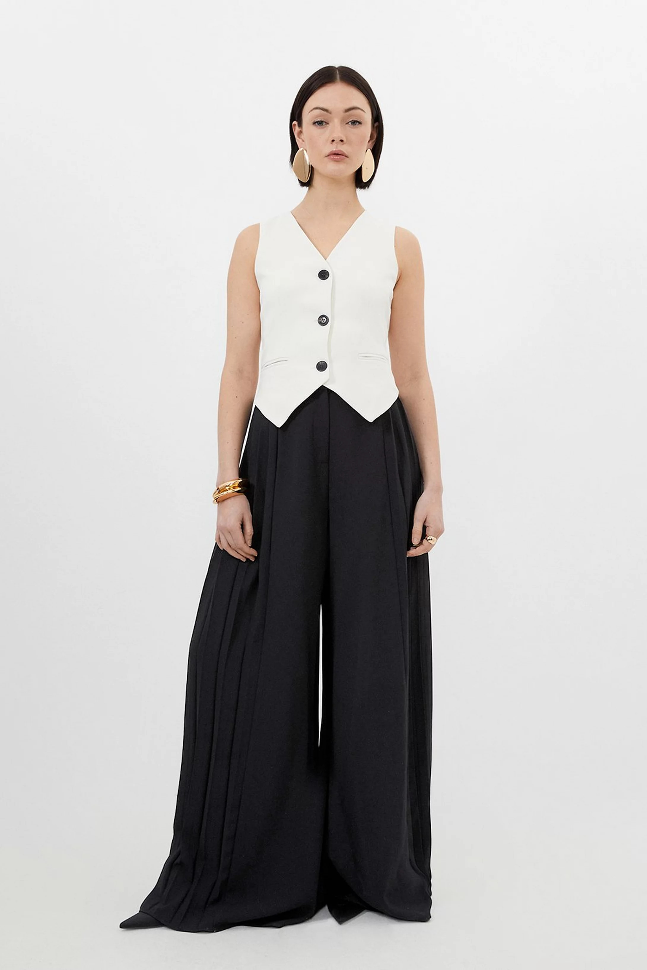 Tailored Crepe Vest Wide Leg Pleated Panel Jumpsuit | Karen Millen US