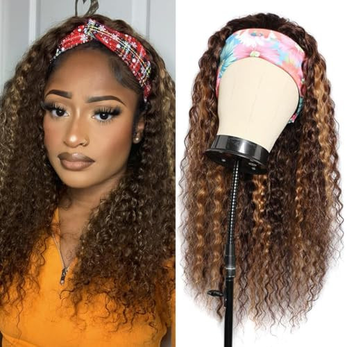 Ombre Deep Wave Headband Wig Human Hair #4/27 Highlight Curly Headband Wigs for Black Women Human Hair Glueless None Lace Front Wigs Brazilian Virgin Hair Wig Machine Made 150% Density 22 Inch | Amazon (US)
