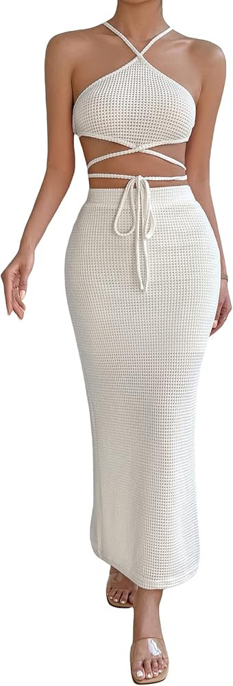 SHENHE Women's 2 Piece Criss Cross Backless White Halter Top White Skirt Outfit White Maxi Skirt Set | Amazon (US)
