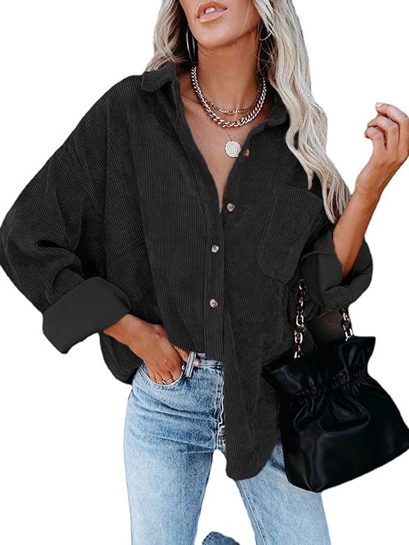 Famulily Womens Corduroy Button Down Blouses Solid Oversized Shirts Comfy Long Sleeve Jacket with Po | Amazon (US)