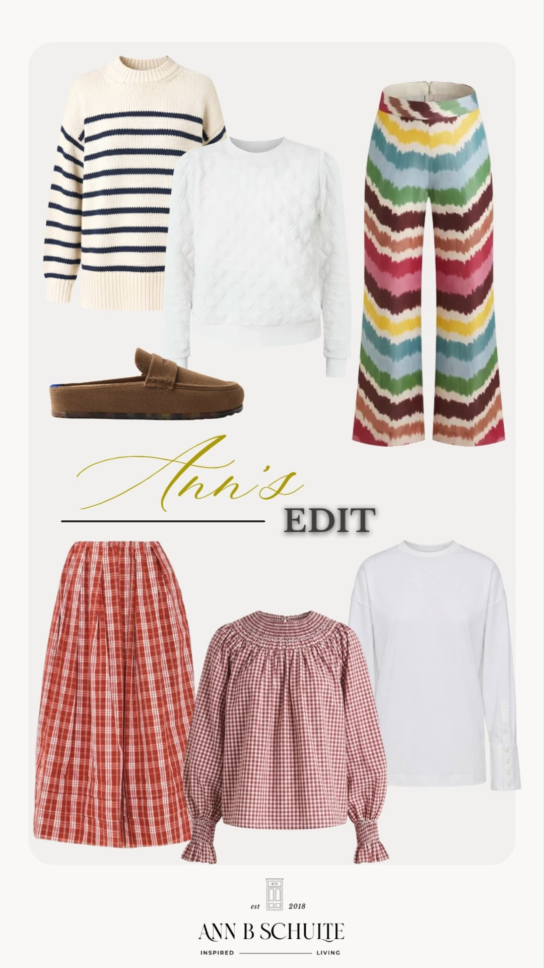 Ann's Edit is all about cozy textures, playful patterns, and timeless pieces that make fall dressing feel effortless. Classic striped sweaters, soft knits, colorful wide leg pants, and easy gingham tops bring plenty of personality to the season. Neutral basics balance the bolder prints, making everything easy to mix and match. These are the kind of versatile wardrobe staples that feel comfortable, polished, and fun to wear on repeat. 🍂🤍✨

#AnnsEdit #FallFashion #FallStyle #CozyStyle #AutumnOutfits #StripedSweater #GinghamStyle #WideLegPants #WardrobeEssentials 

 #LTKootd