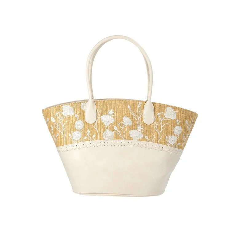 The Pioneer Woman Raffia Tote Bag with Floral Embroidery, Ivory, Women's | Walmart (US)