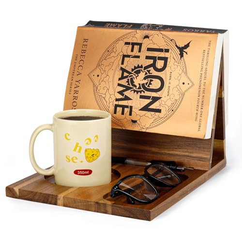 3HQ Wooden Book Stand for Reading Rest, Acacia Triangle Book Holder with Cup, Glasses, Pen & Phone Holder, Book Nook Reading Valet for Book Lover Gifts | Amazon (US)