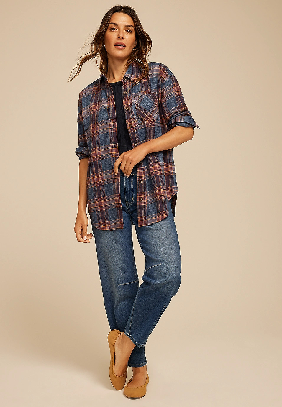Cabin Plaid Boyfriend Tunic Button Down Shirt | Maurices