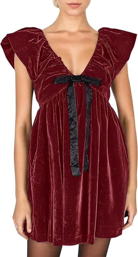 MISSACTIVER Women's Velvet Satin Bow Mini Dress Cute Puff Sleeves Pleated Short Dress V Neck A Li... | Amazon (US)