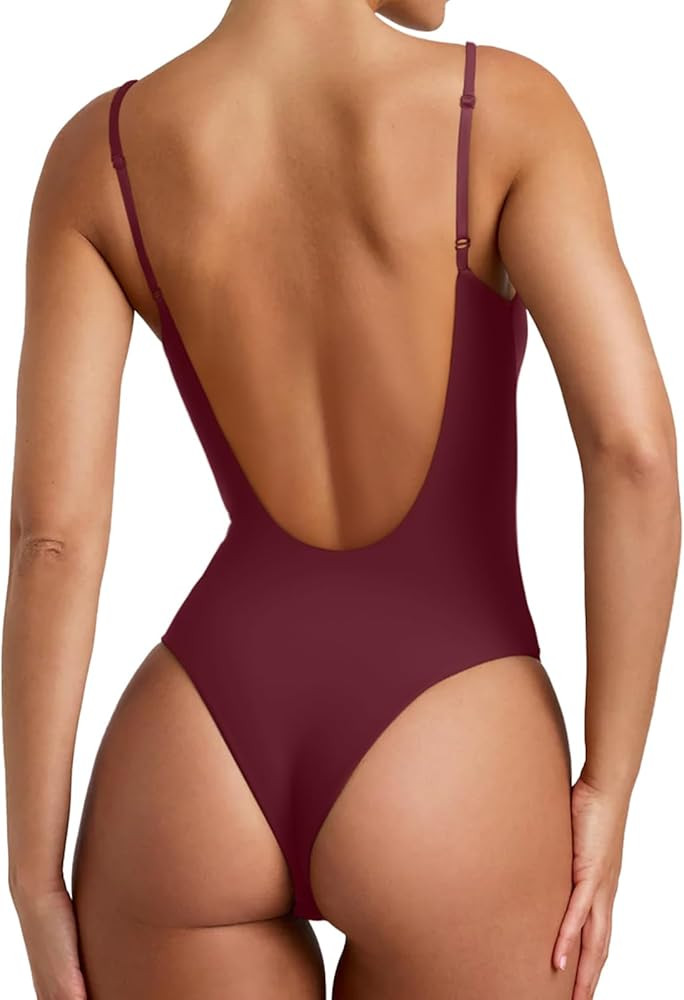 REORIA Women’s Sexy Trendy Open Back V Neck Spaghetti Strap Backless Trendy Cami Bodysuit Tops | Amazon (US)