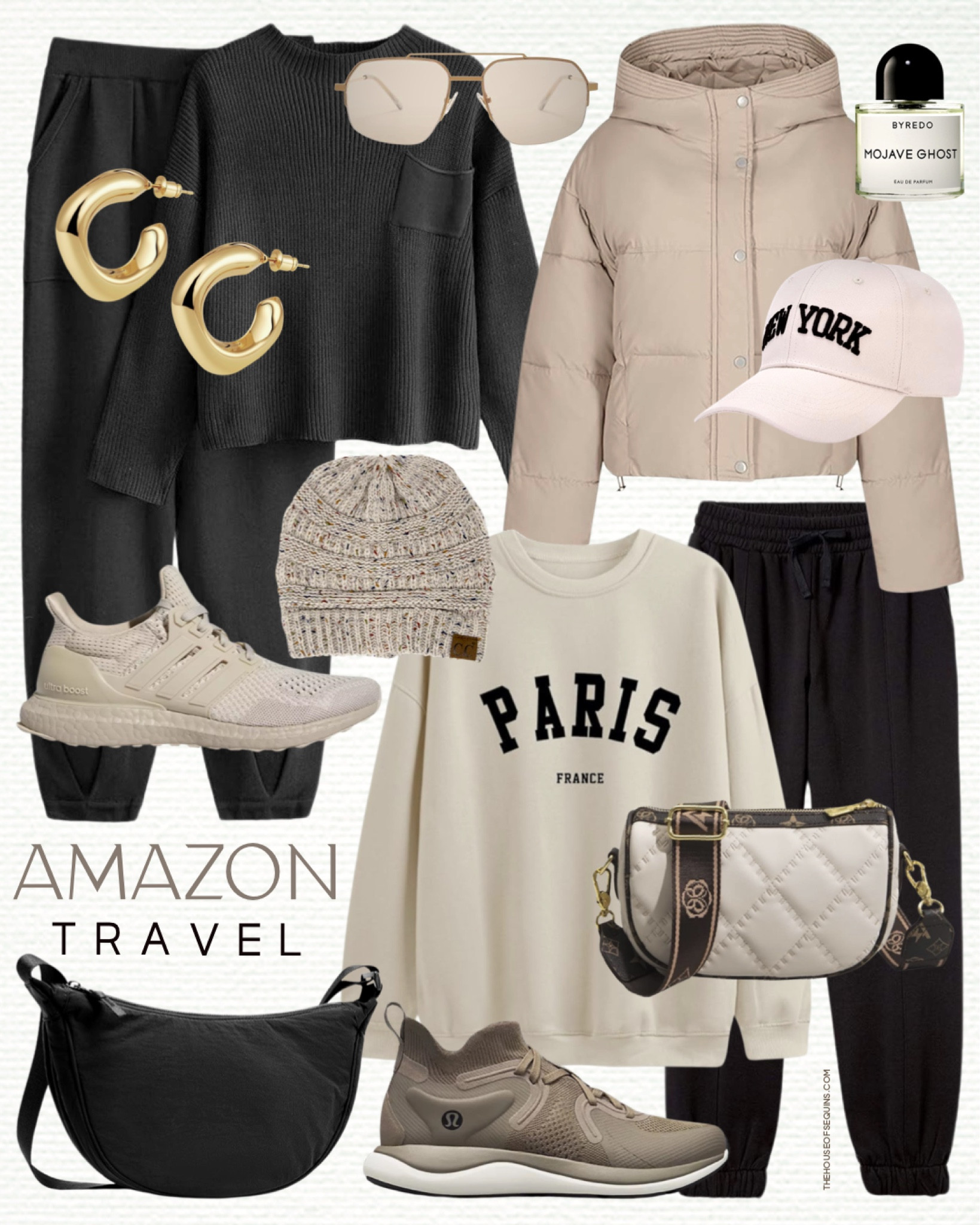 Shop these Amazon travel outfit finds! Winter casual outfit. Matching sweater set, joggers, puffer jacket, graphic sweatshirt, Adidas Ultraboost sneakers, Lululemon sneakers, sling bag, Crescent bag, quilted bag, knit beanie and more! 

#LTKtravel #LTKSeasonal #LTKstyletip