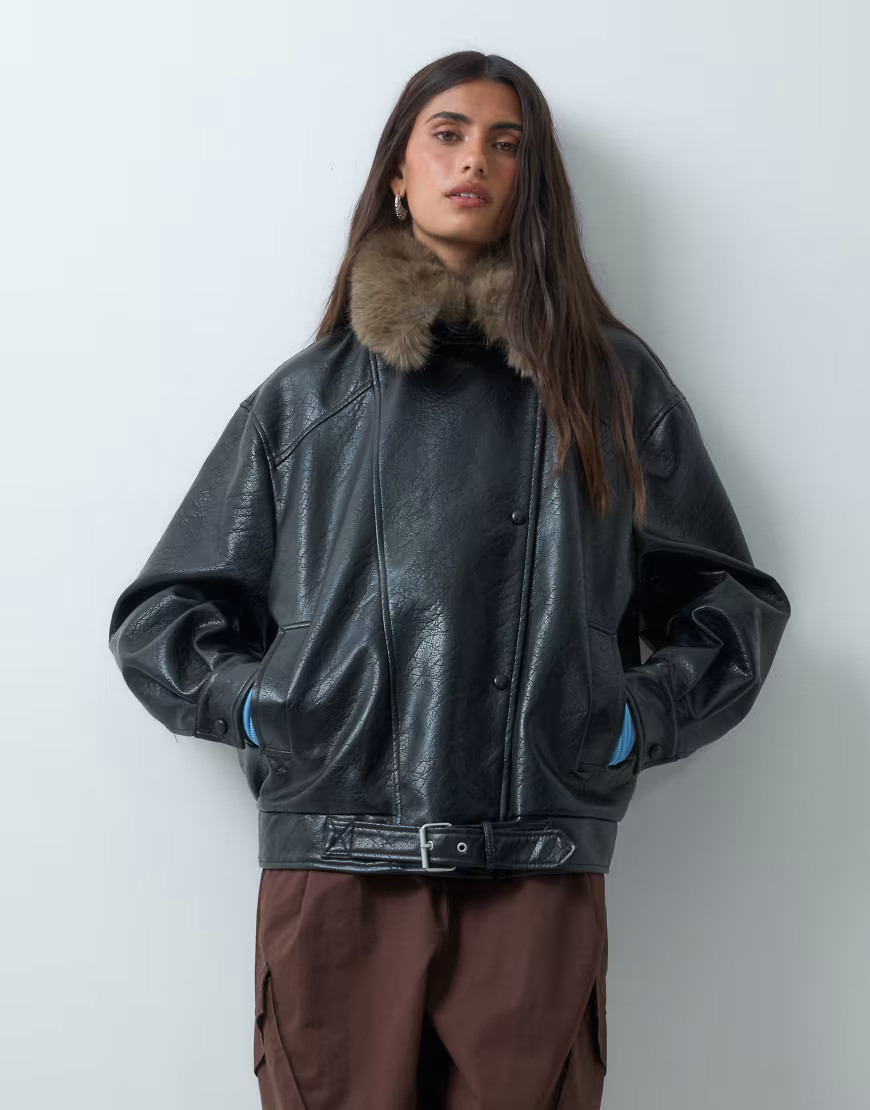 ASOS DESIGN leather look moto jacket with tan faux fur collar in black | ASOS (Global)