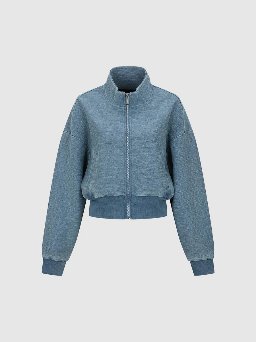 Mock Neck Cropped Denim Bomber Jackets | Urban Revivo