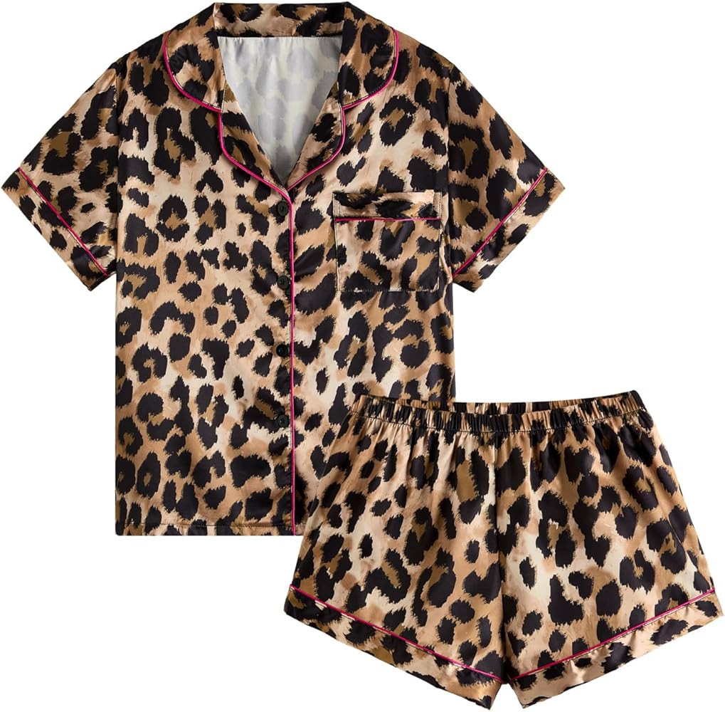 Women's 2 Piece Stain Pajama Set Leopard Button Front Short Sleeve Cheetah Collar Shirt and Short... | Amazon (US)