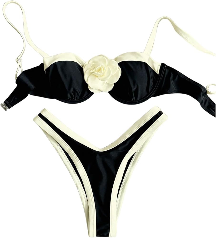 GORGLITTER Women's Two Piece 3D Flower Bikini Sets Contrast Binding High Cut Thong Swimsuits | Amazon (US)