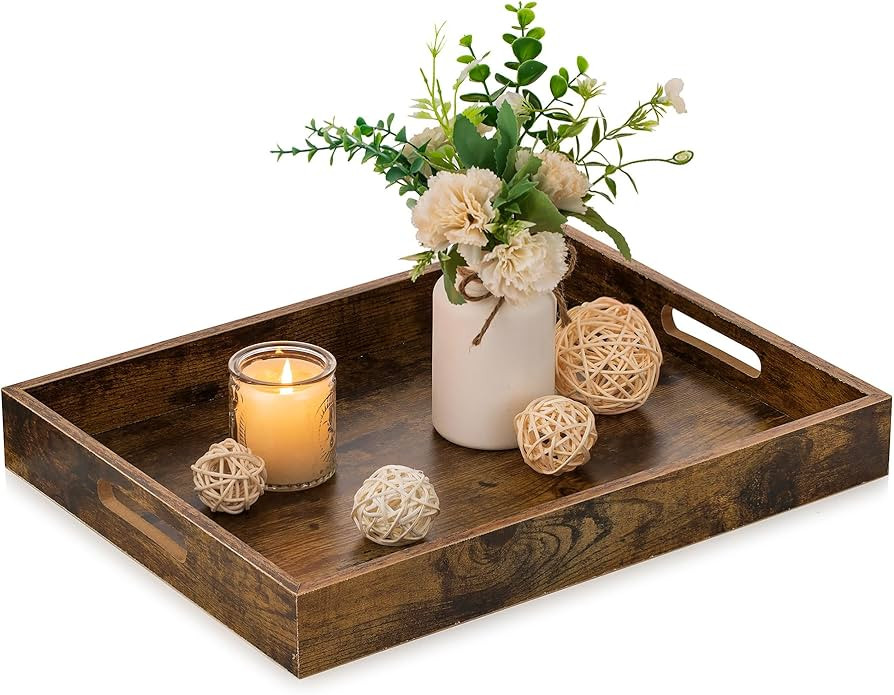 Hanobe Brown Decorative Serving Trays: Rustic Brown Rectangle Tray Decor with Cutout Handles for ... | Amazon (US)