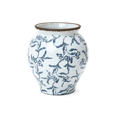 LuxenHome Handmade Blue Floral Wide-Mouth Waterproof Ceramic Vase, 9.25" Round Indoor Home Decor Multicolored | Target