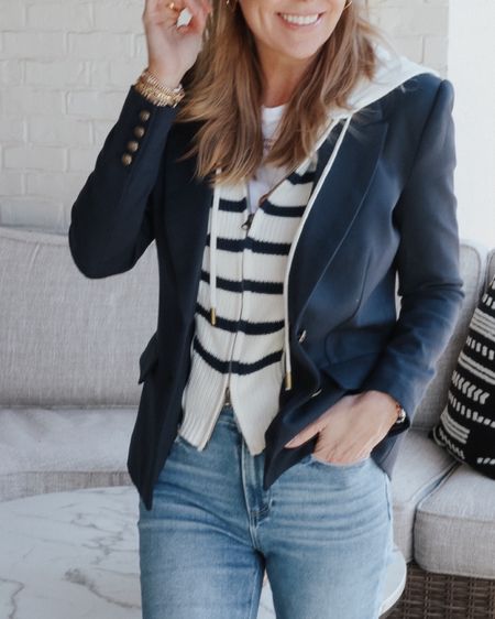 Head over heels for this blazer! The striped hoodie is removable! So cute!!!!! @evereveofficial