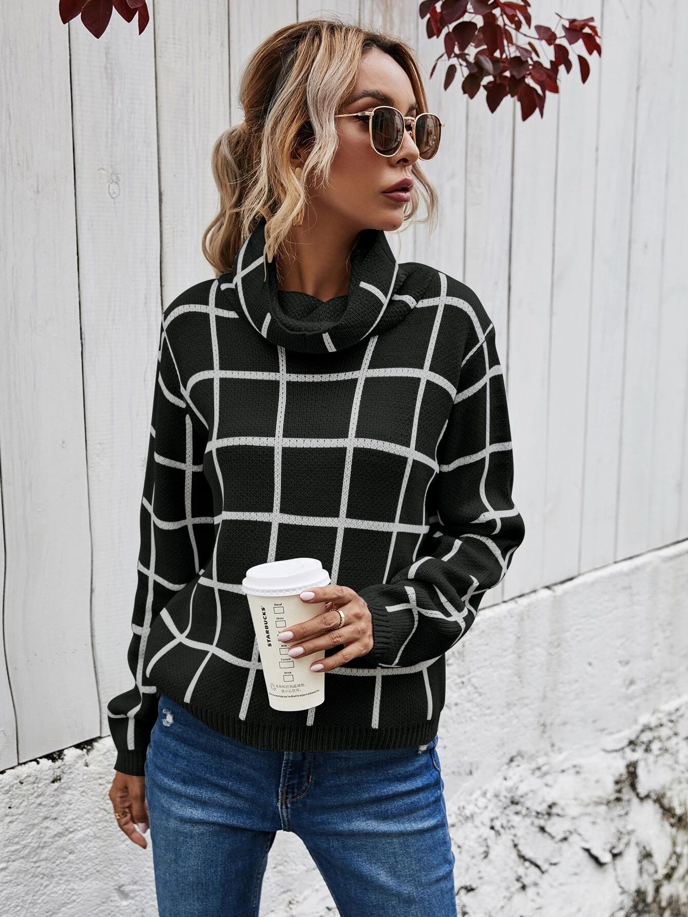 Cowl Neck Plaid Pattern Sweater | SHEIN