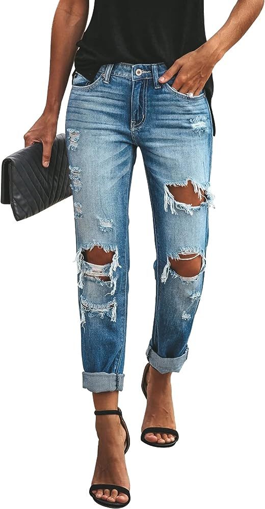 KUNMI Women's Ripped Mid Waisted Boyfriend Jeans Loose Fit Distressed Stretchy Denim Pants | Amazon (US)
