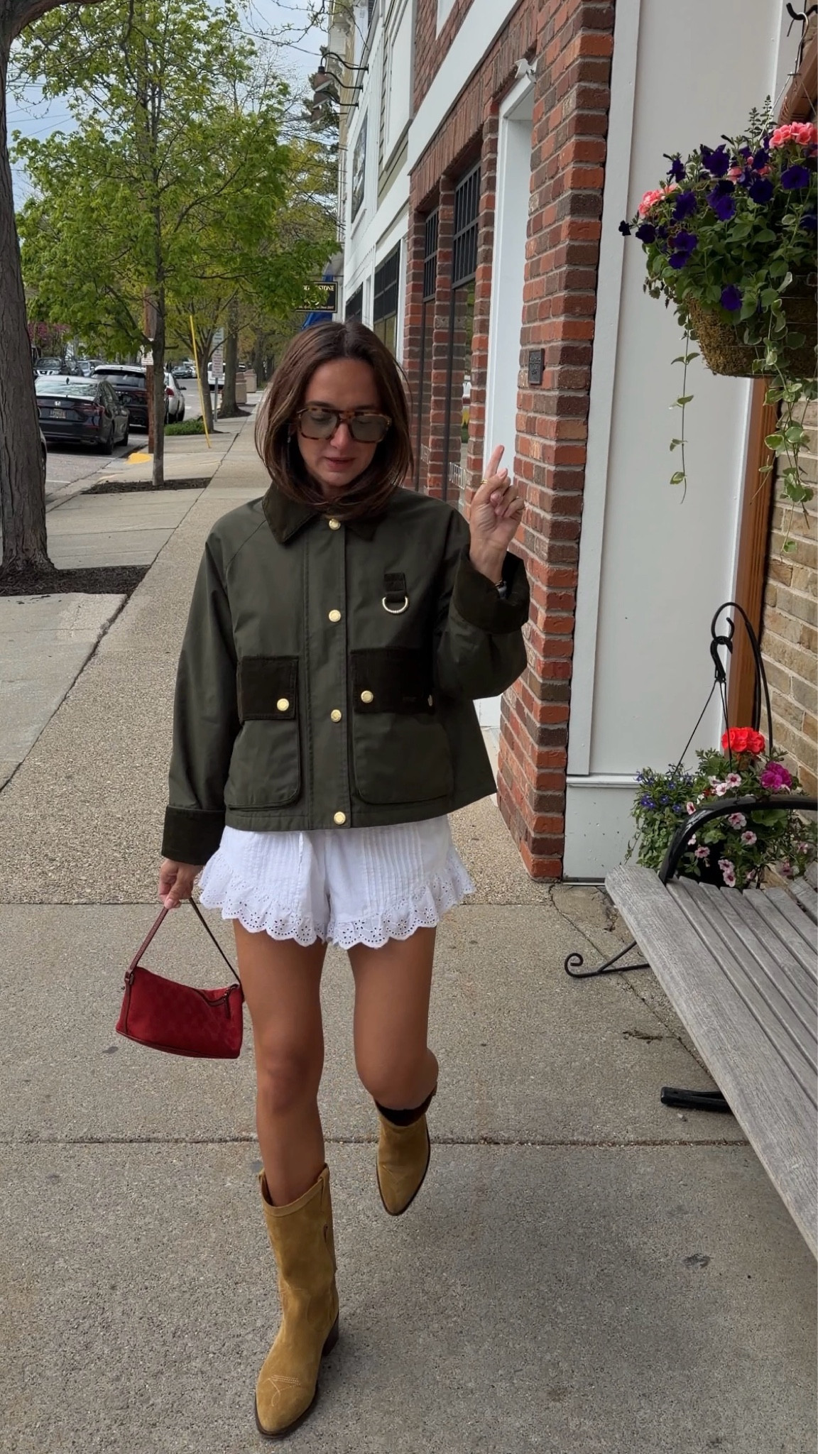 Spring but chilly! Jacket is the Phoebe jacket from Barbour I wear a size 4! XS in shorts!