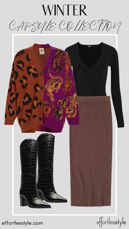 Printed Cardigan + Midi Skirt + Black Boot

#LTKshoecrush #LTKSeasonal #LTKstyletip