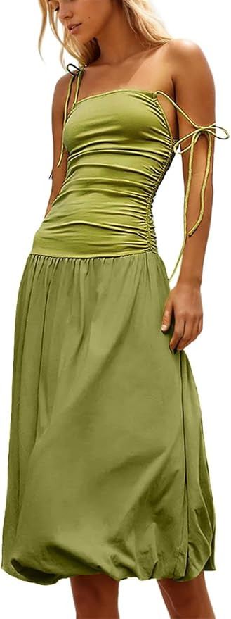 Women Sleeveless Summer Dress Square Neck Ruched Midi Dress Bubble Hem Adjustable Straps Vacation... | Amazon (US)