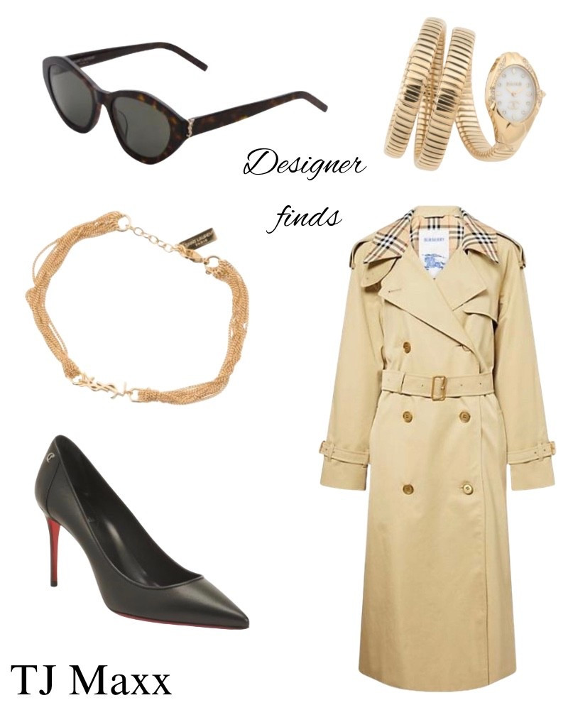 Designer deals on sale at TJ Maxx, Burberry trenchcoat, black Christian Louboutin, heels, Saint Laura bracelet, cat eye sunglasses, snake watch, Work, spring, summer, date night.

#LTKSaleAlert #LTKootd #LTKWorkwear