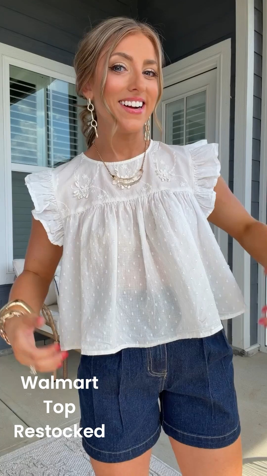 The details on this Walmart top 😍🤍 The embroidery, ruffle sleeves, and flowy fit make it look so high-end! Paired with these dark denim shorts, it creates the perfect elevated everyday outfit that’s comfortable, flattering, and easy to wear all summer long.

✨ Beautiful embroidered details
✨ Flowy, lightweight fit
✨ Easy everyday outfit idea
✨ Classic pieces you’ll reach for again and again

#WalmartFashion #WalmartFinds #WhiteTop #SummerStyle #DenimShorts #AffordableFashion #WalmartStyle #EverydayOutfit #FashionOver40 #MomStyle #CasualChic #SummerWardrobe #LTKFashion #WalmartNewArrivals

#LTKootd #LTKPetite