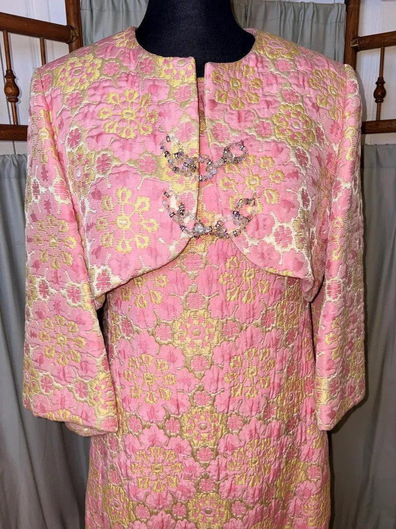 Vintage Malcolm Starr Pink Brocade Gown Jacket Set Jeweled Formal Dress 1960s Mod Evening Dress W... | Etsy (Global)