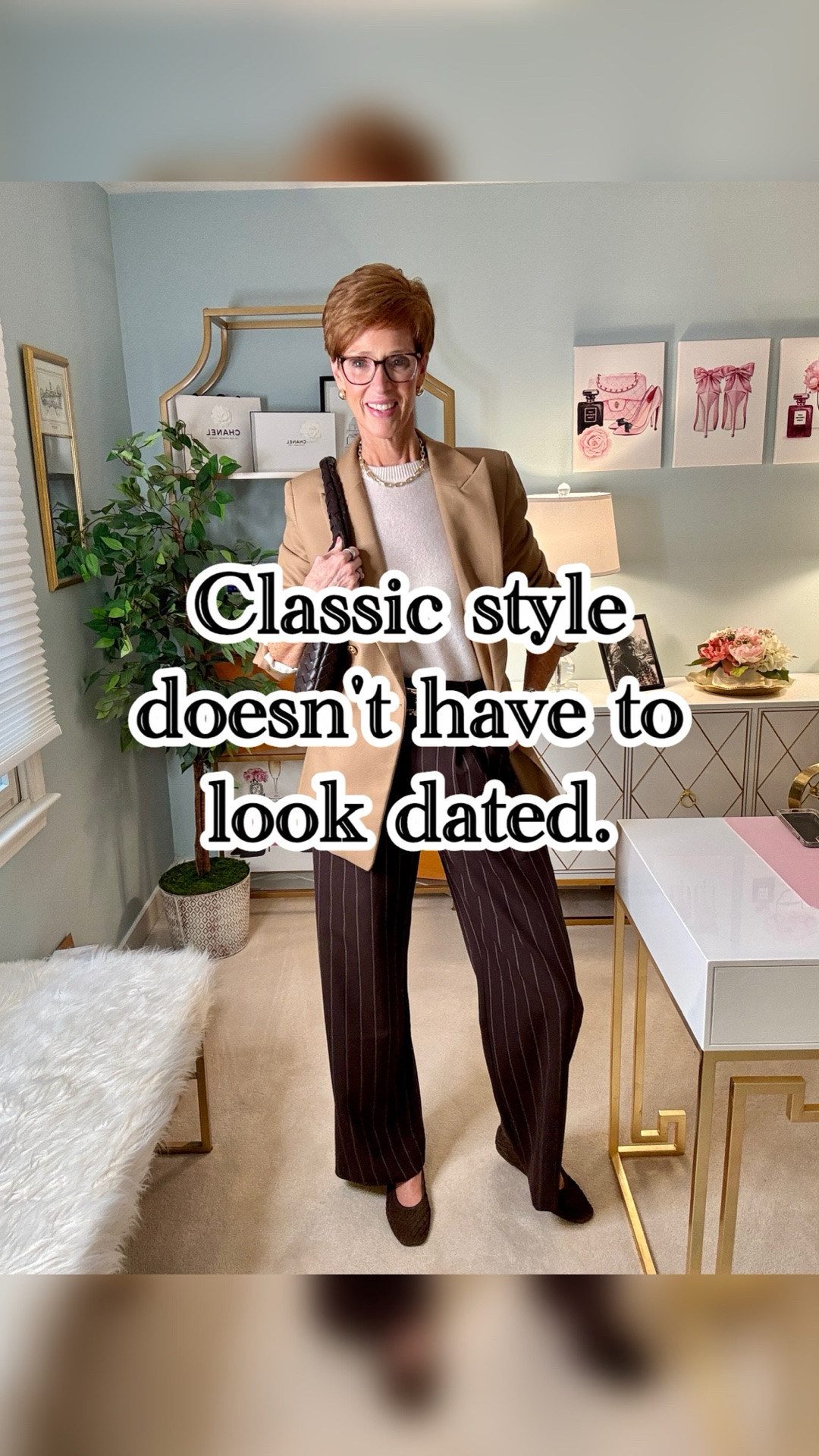 Classic style doesn't have to mean boring or dated. And this outfit is exactly why.
Pinterest Inspired Outfit #35 is all about combining timeless wardrobe staples in a way that feels modern, polished, and wearable.

Comment PINTEREST  and I’ll send everything over

A cream cashmere crewneck sweater, tailored camel blazer, brown pinstripe wide-leg trousers, and brown suede woven flats. Four classic pieces that work beautifully together without feeling overly dressed up.

At 56 and 6'1", I'm always looking for outfit combinations that feel sophisticated, flattering, and comfortable enough for real life. This is the kind of fall outfit I'd wear to lunch, a meeting, or anywhere I want to look pulled together without trying too hard.

The brown pinstripes are what make this outfit for me. They add just enough interest to a classic neutral combination.

Would you wear this outfit with flats, or would you add heels?

SAVE this for your next fall outfit inspiration, SHARE it with a friend who loves classic style, and FOLLOW @atalldrinkofstyle for more timeless outfit ideas for women over 40, including tall-friendly fashion.

Outfit details are linked in my ShopMy and in stories.
#ClassicStyleOver40 #FallOutfitIdeas #TallWomenStyle