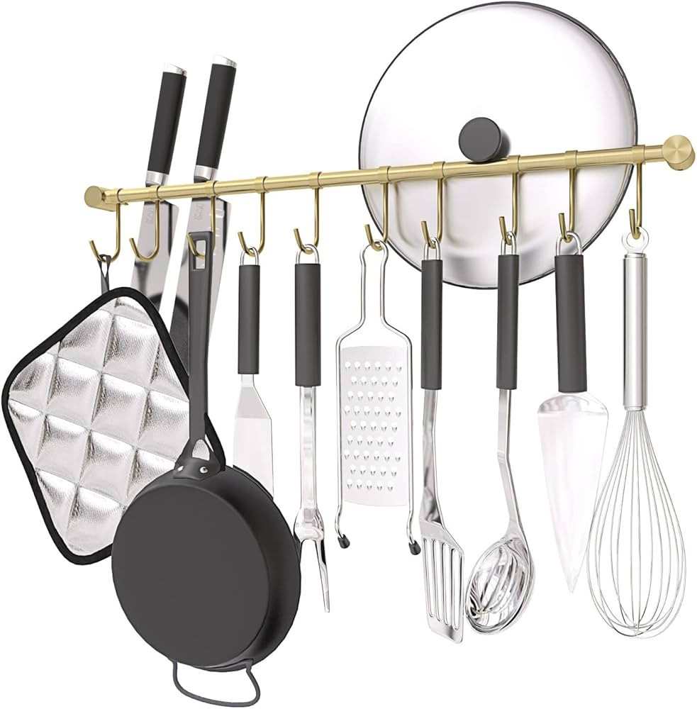 Kitchen Hanging Racks 304 Stainless Steel 20 Inch Rail Utensil Storage Hanger with 10 Pcs Noisele... | Amazon (US)