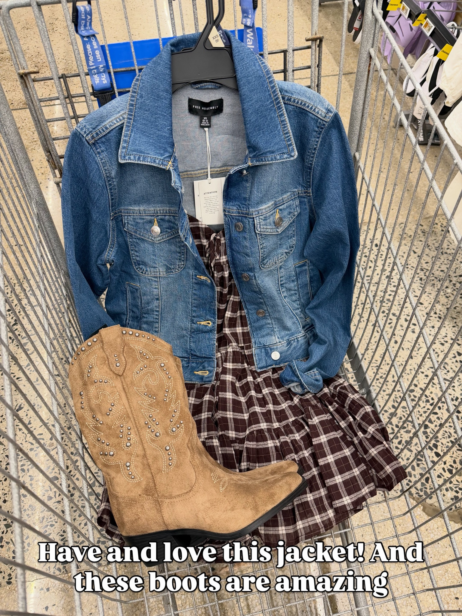 Walmart fall outfit idea with this plaid dress and denim jacket plus new Western boots. #walmartfashion