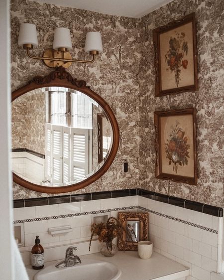 Bathroom accessories. Amazon brass vanity light. Safavieh rug. Ruffle linen shower curtain 

#LTKfindsunder100 #LTKhome #LTKfindsunder50